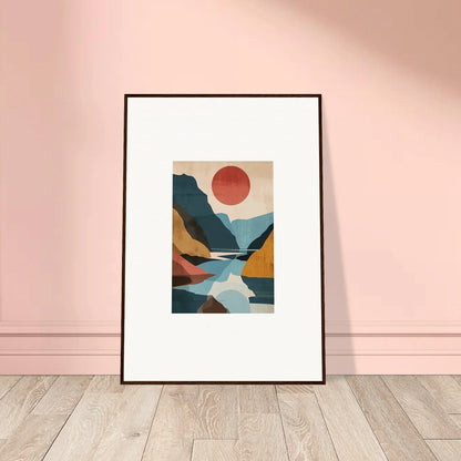 Framed canvas print of Hypnotic Horizon Echoes with geometric mountains and a red sun