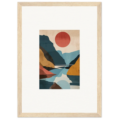 Framed canvas print of Hypnotic Horizon Echoes with mountains, river, and red sun