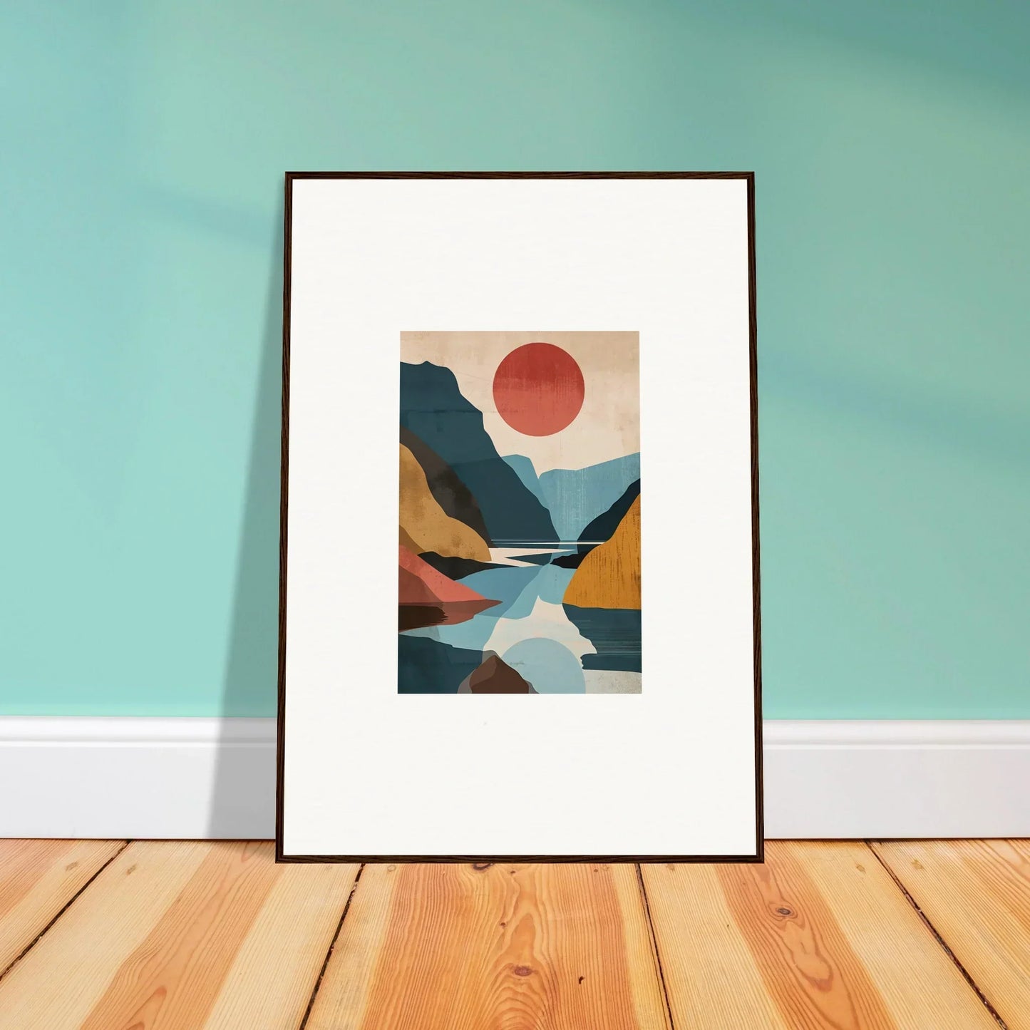 Framed canvas print of Hypnotic Horizon Echoes with geometric mountains and sun