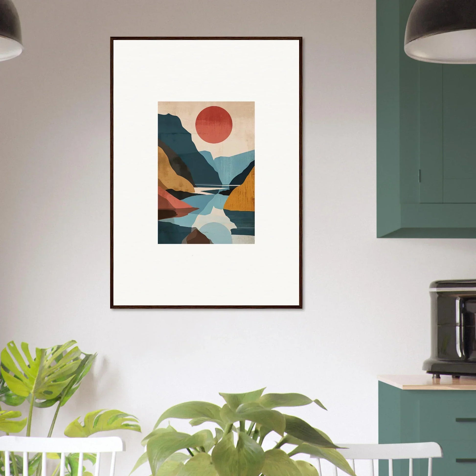 Framed canvas print of Hypnotic Horizon Echoes with geometric shapes and red sun