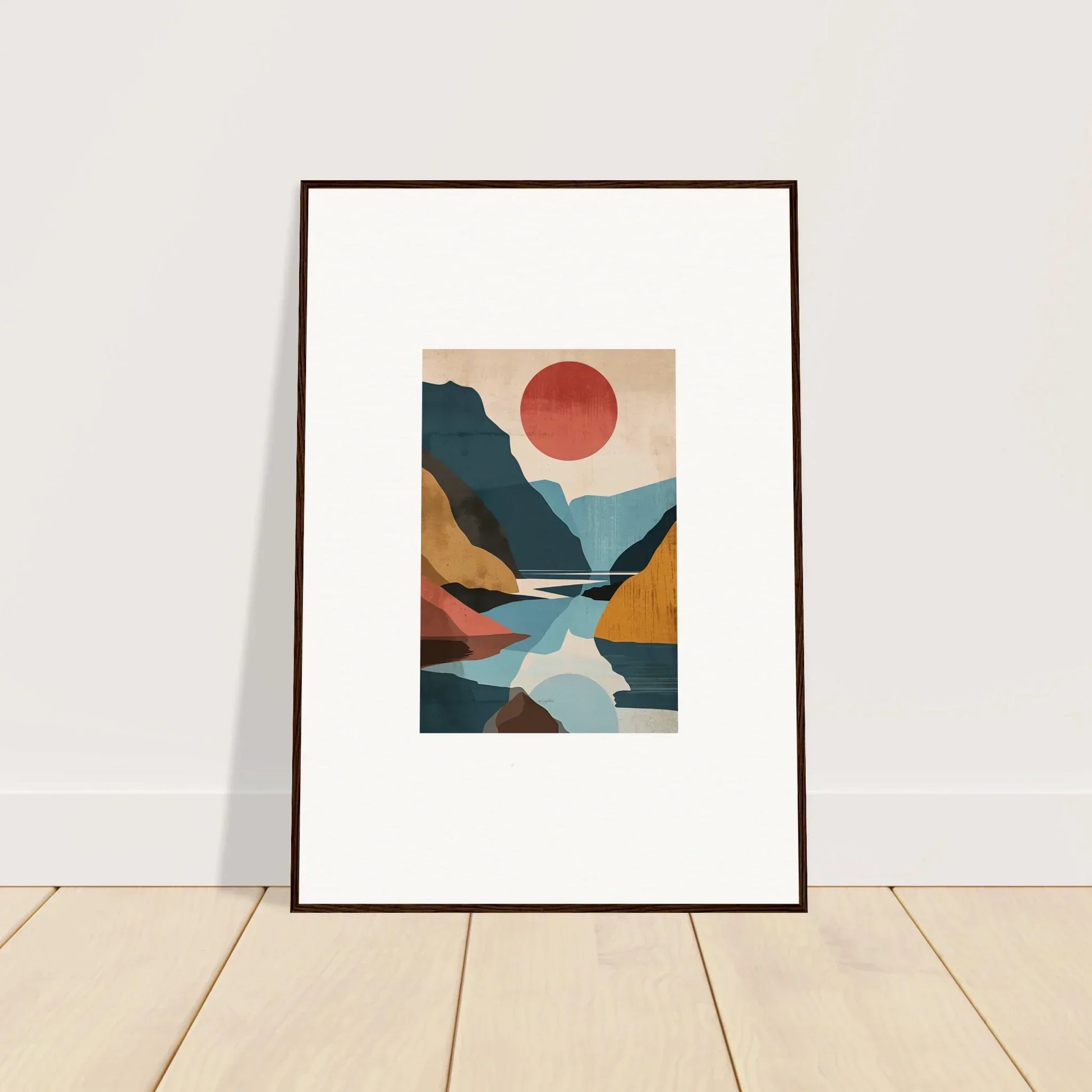 Framed abstract landscape canvas print with geometric mountains and horizon echoes