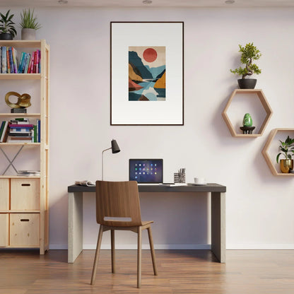 Modern home office with desk and chair featuring Horizon Echoes canvas print on wall