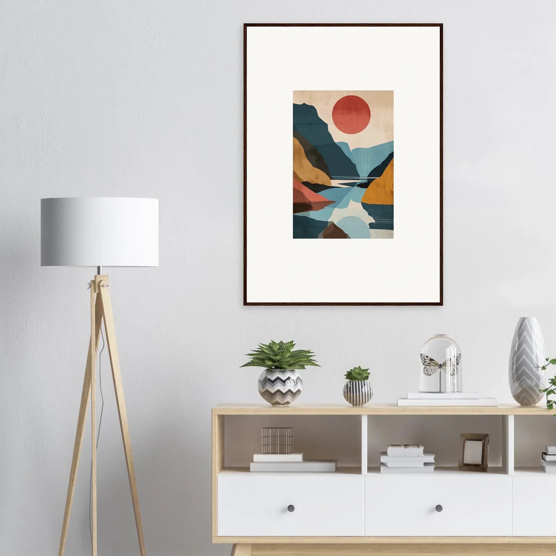 Framed abstract landscape canvas print with geometric mountains, river, and red sun for room decoration