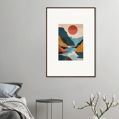 Framed abstract landscape canvas print with horizon echoes, mountains, river, and sun