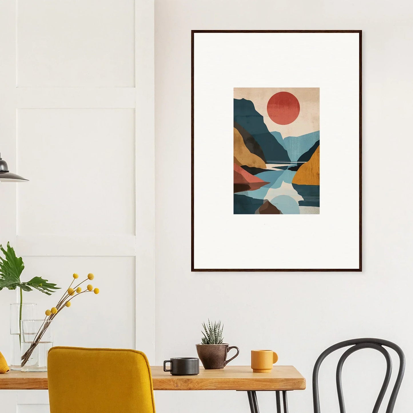 Framed canvas print of Hypnotic Horizon Echoes with geometric mountains and sun