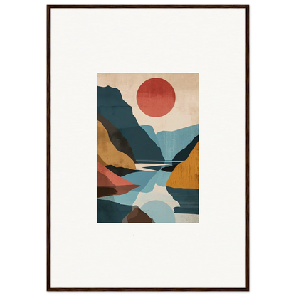 Framed canvas print of Hypnotic Horizon Echoes with mountains, river, and red sun