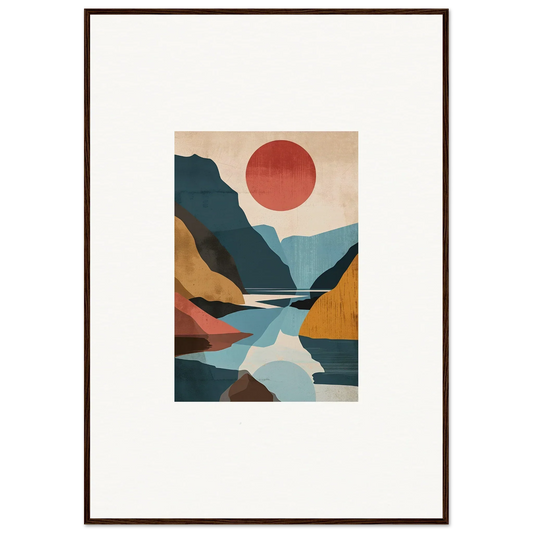 Framed canvas print of Hypnotic Horizon Echoes with mountains, river, and red sun