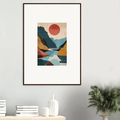 Framed canvas print of Hypnotic Horizon Echoes with mountains, river, and red sun for room decoration