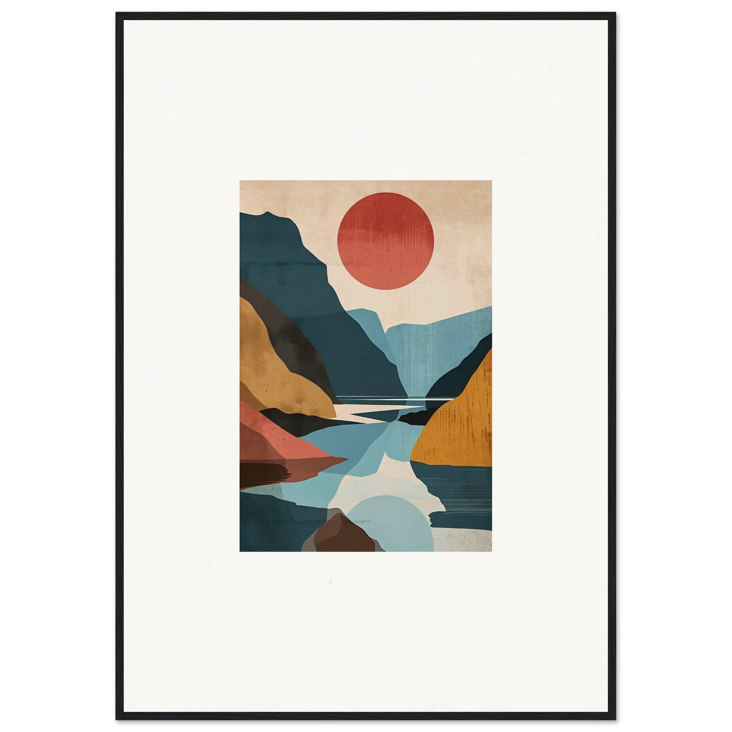 Abstract landscape canvas print of Hypnotic Horizon Echoes with mountains and a red sun