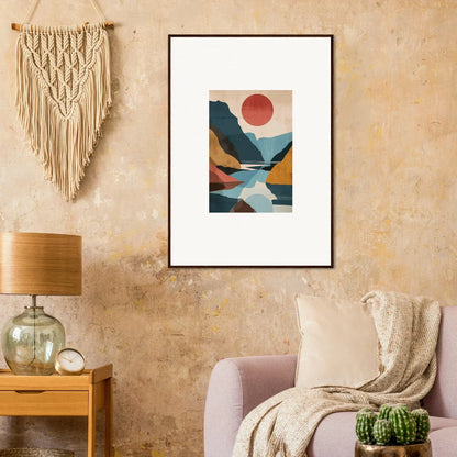 Framed abstract canvas print of geometric mountains, a lake, and horizon echoes