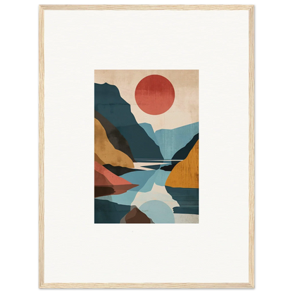 Framed canvas print of Hypnotic Horizon Echoes with mountains, river, and a red sun