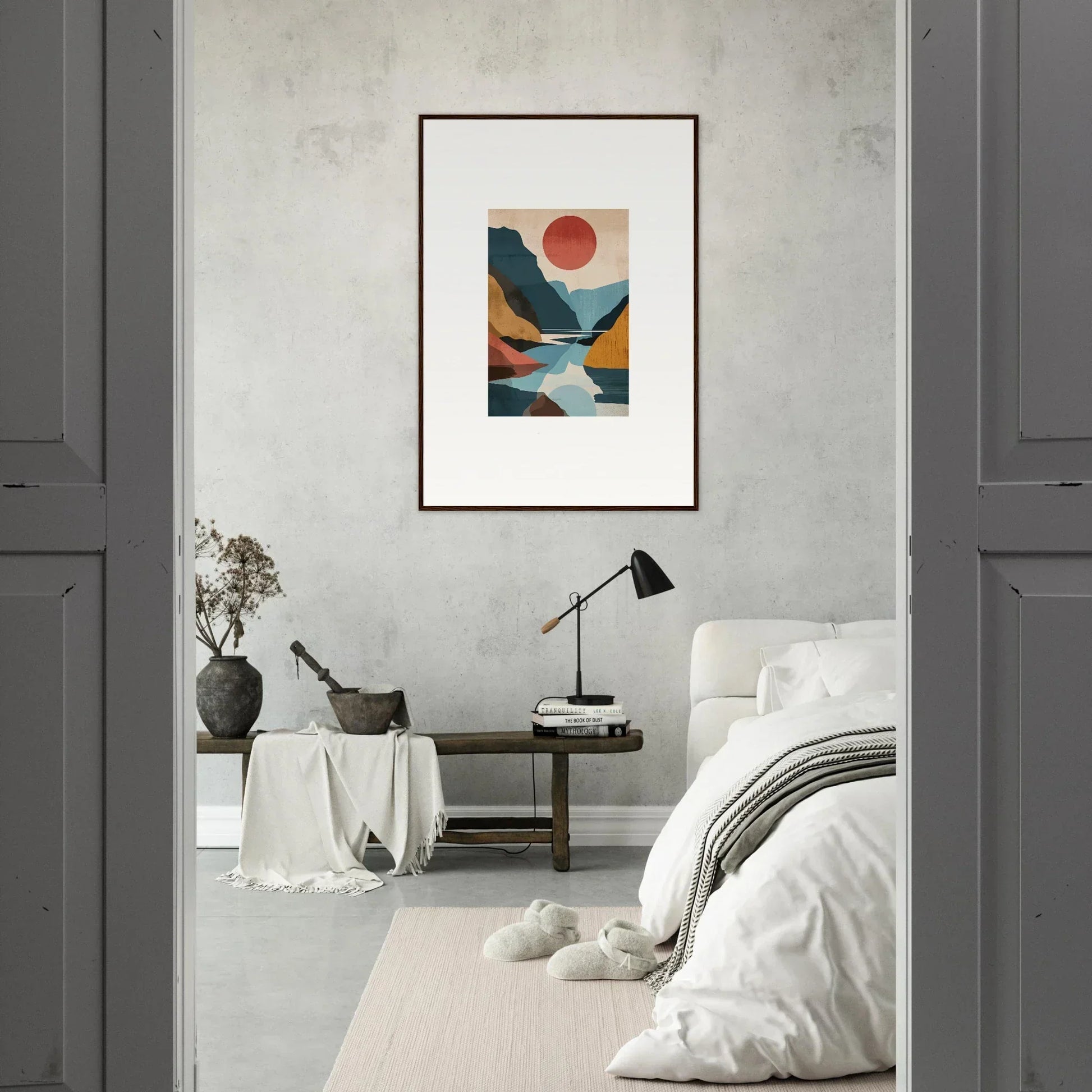 Framed abstract landscape canvas print with horizon echoes and a red sun for room decoration