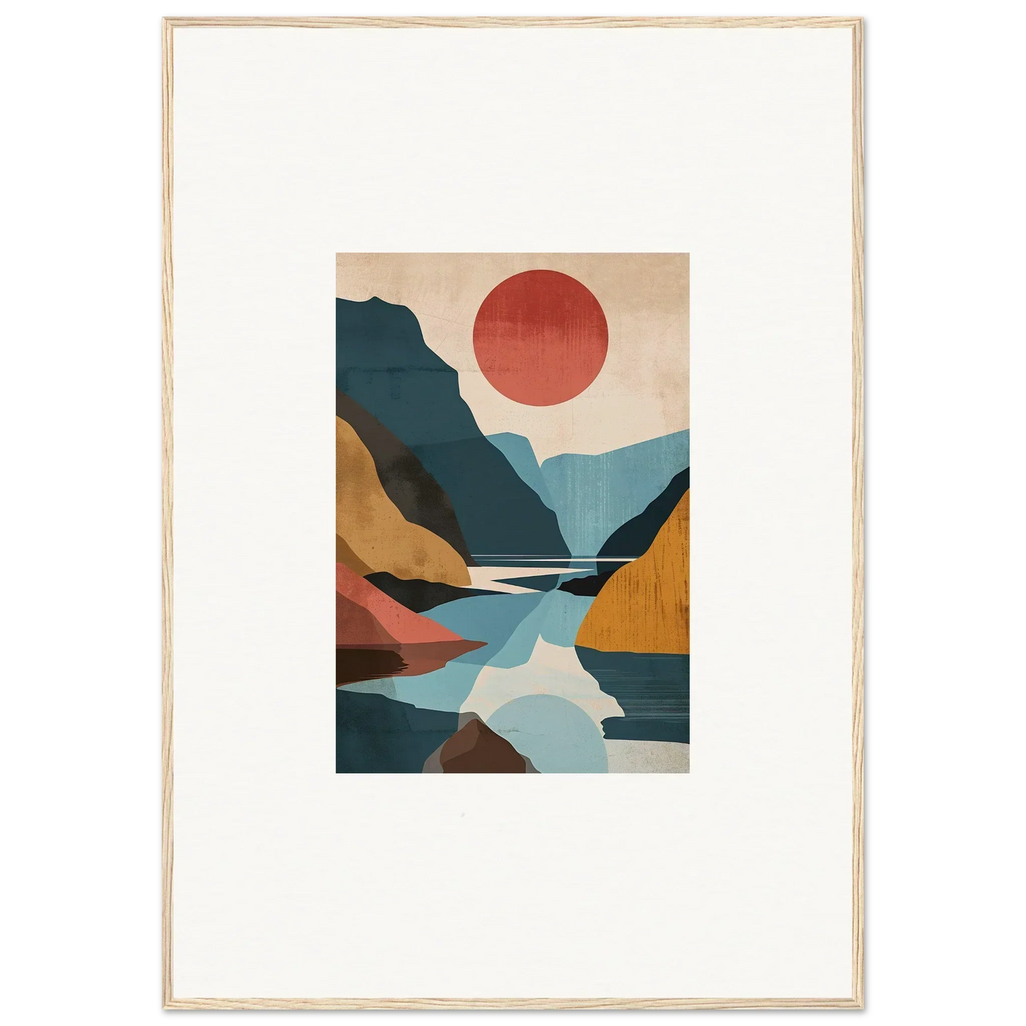 Abstract landscape canvas print featuring horizon echoes with mountains, river, and red sun