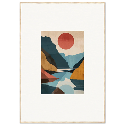 Abstract landscape canvas print featuring horizon echoes with mountains, river, and red sun