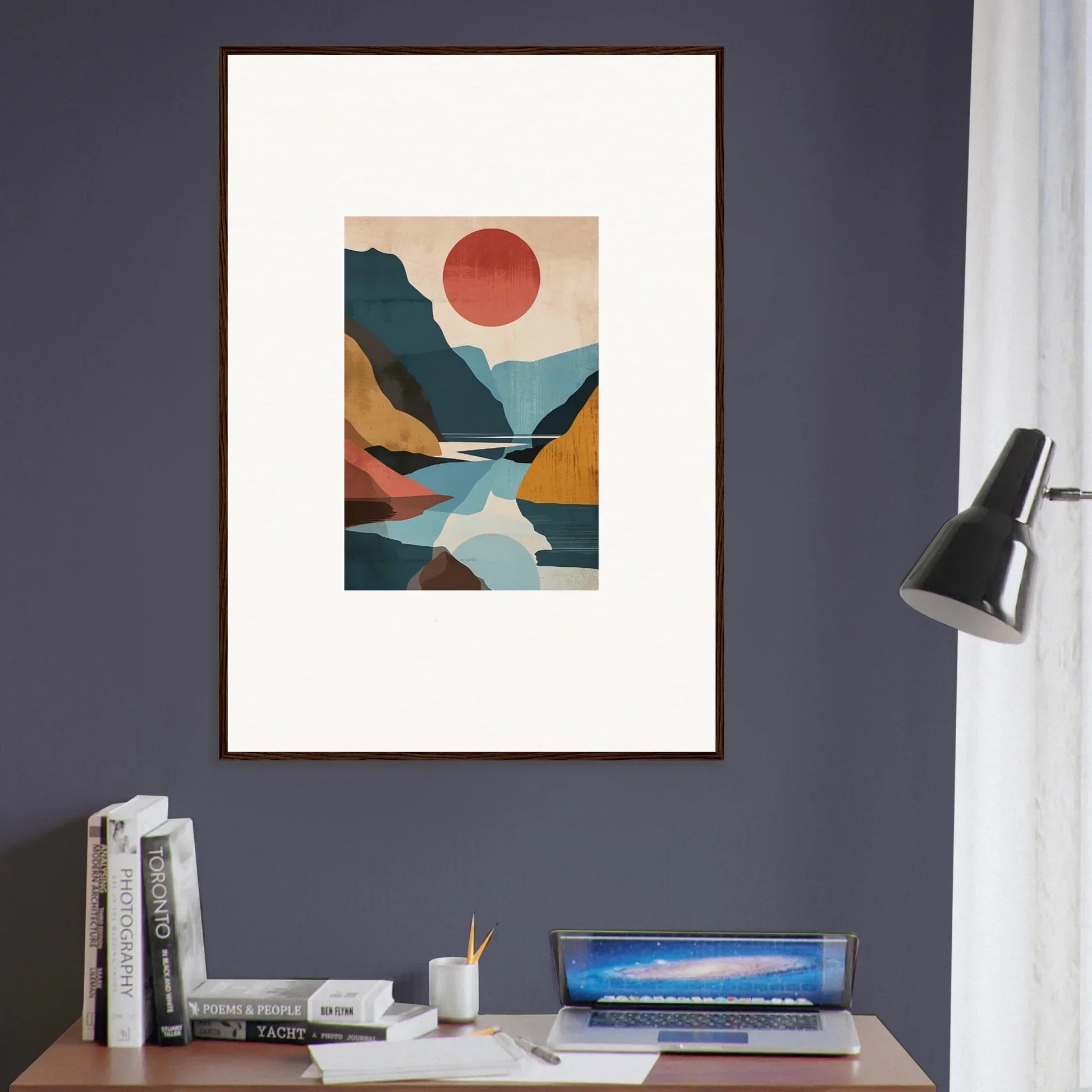 Framed canvas print of Hypnotic Horizon Echoes with mountains, water, and red sun