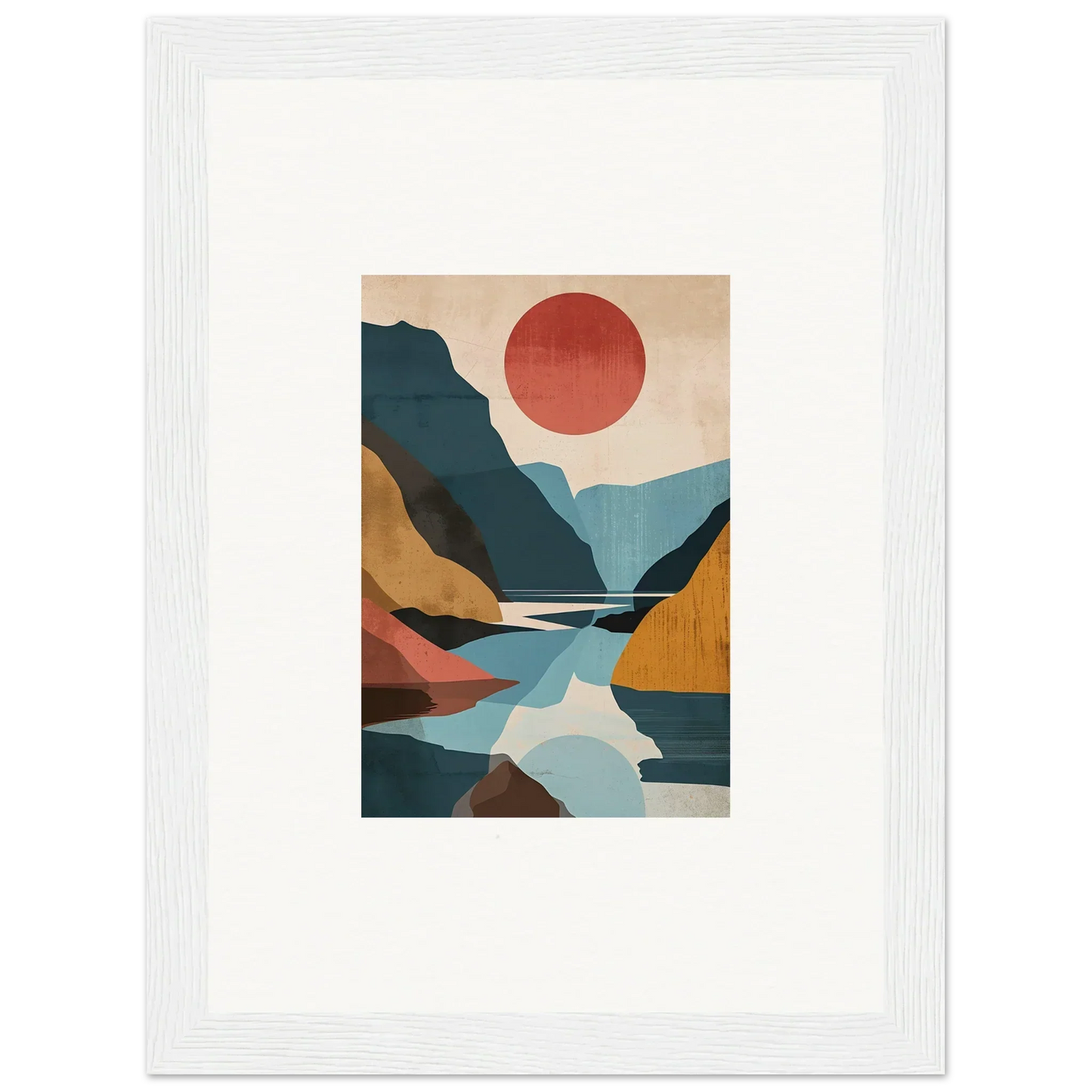 Abstract landscape canvas print with horizon echoes, mountains, river, and red sun