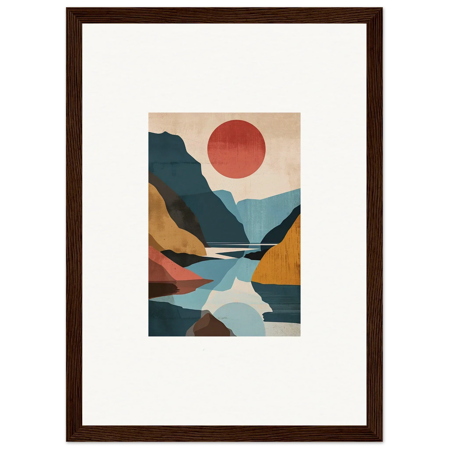 Framed canvas print of Hypnotic Horizon Echoes with mountains, river, and red sun