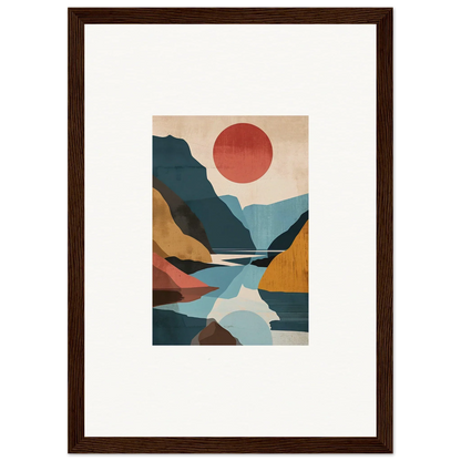 Framed canvas print of Hypnotic Horizon Echoes with mountains, river, and red sun