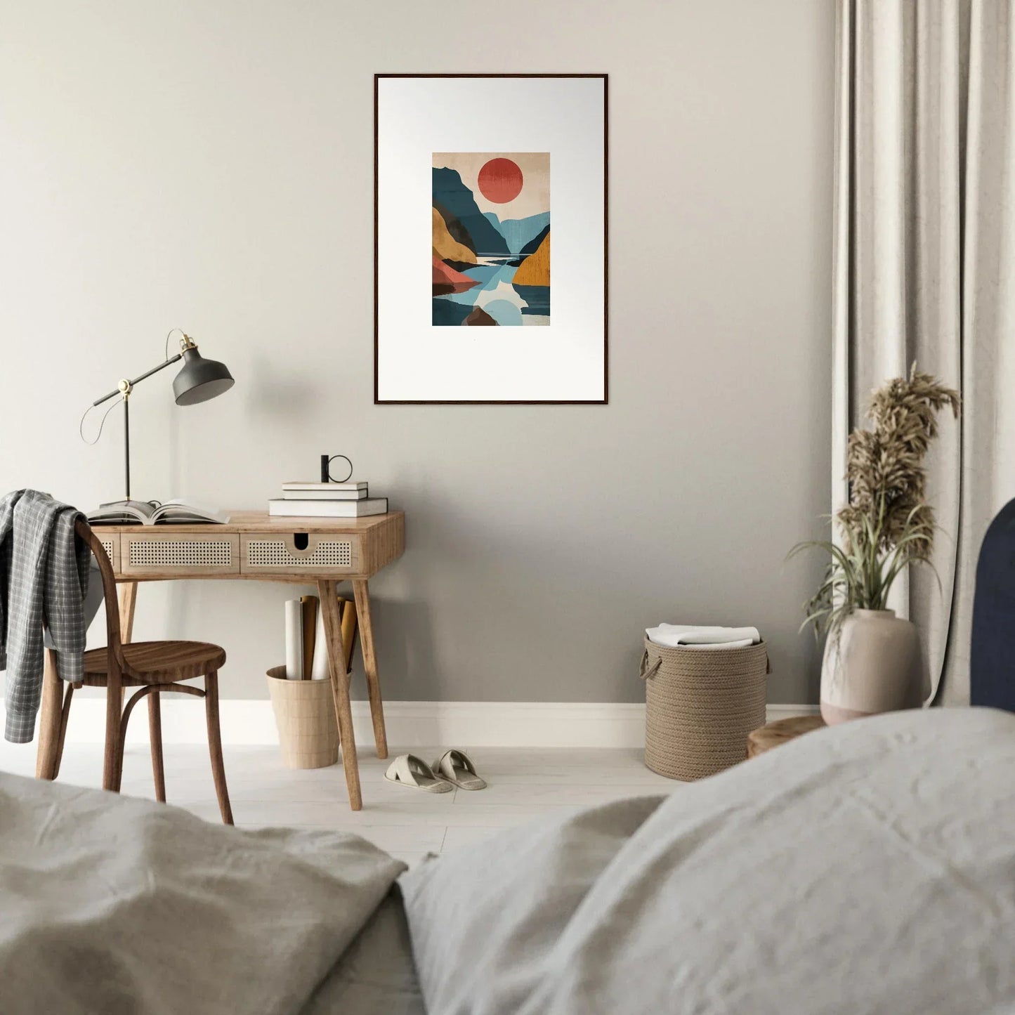 Framed canvas print of Hypnotic Horizon Echoes with geometric shapes and a red sun