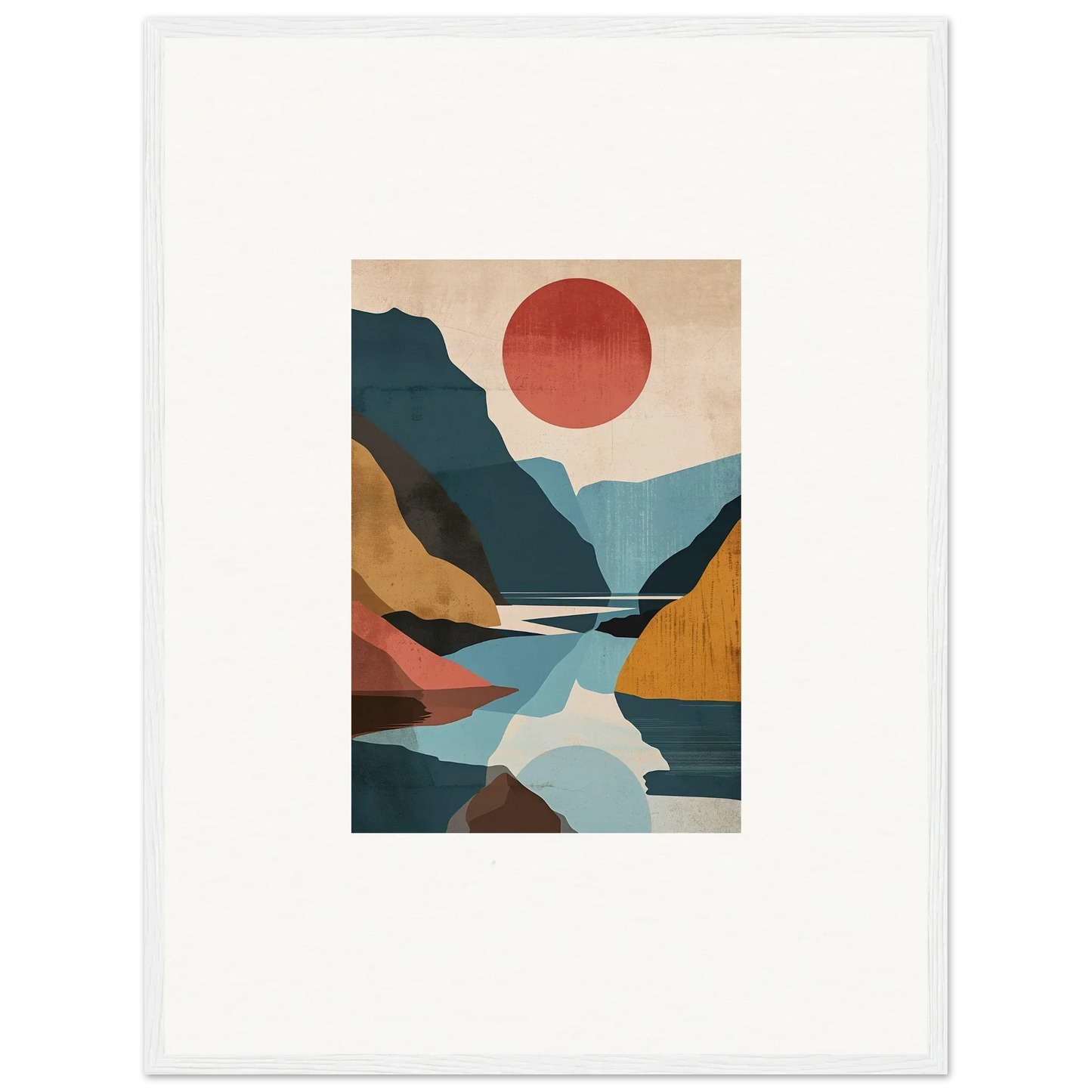 Abstract landscape painting with mountains, river, and red sun for room decoration canvas print