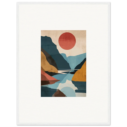 Abstract landscape painting with mountains, river, and red sun for room decoration canvas print