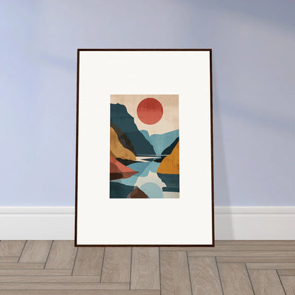 Framed Hypnotic Horizon Echoes abstract art with geometric shapes and a bold red sun