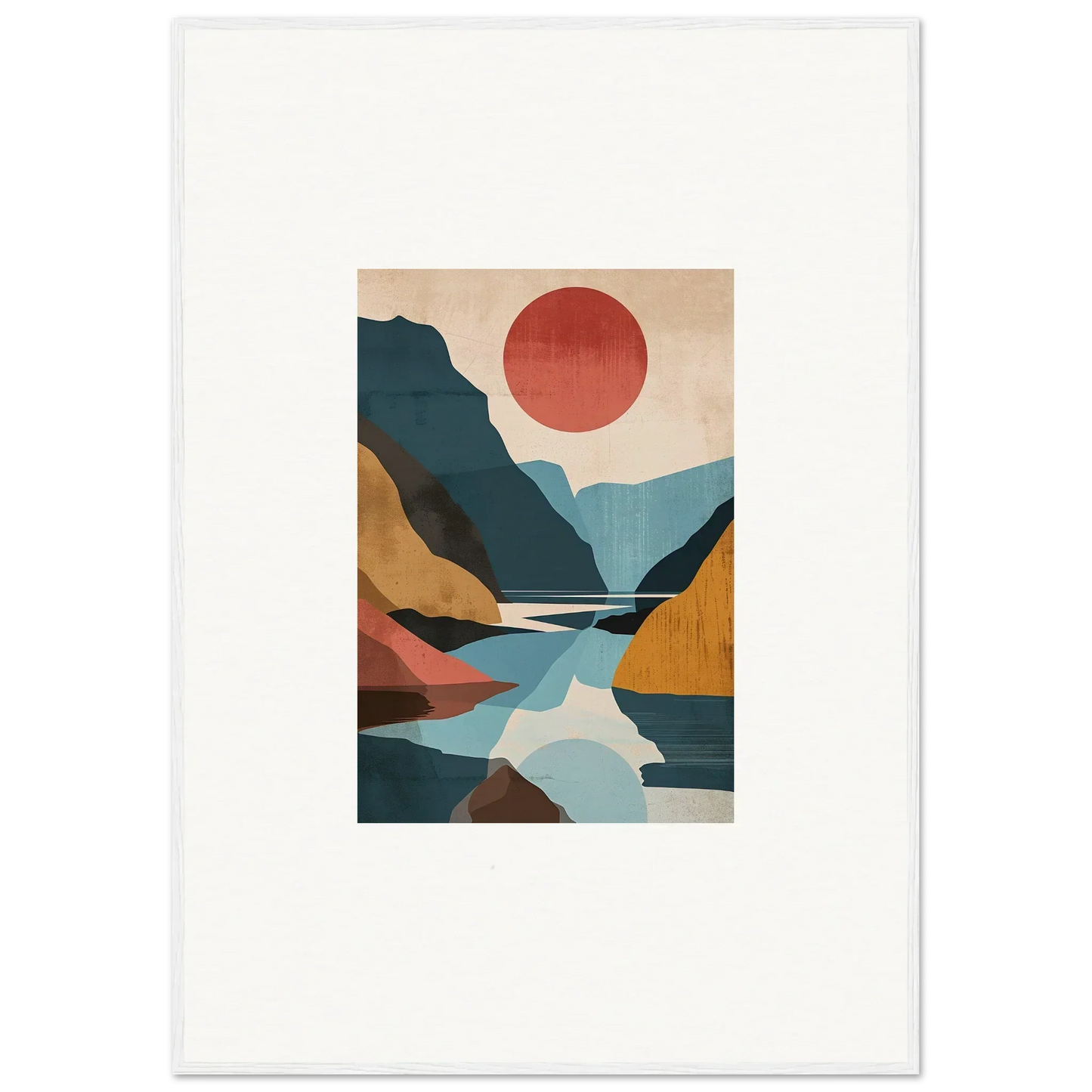 Colorful abstract landscape painting for room decoration, featuring horizon echoes and a red sun