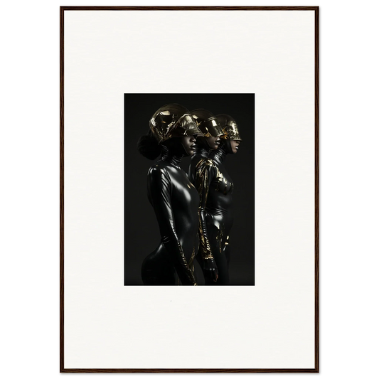 Framed black and white photograph of shiny metallic figures in dramatic poses.