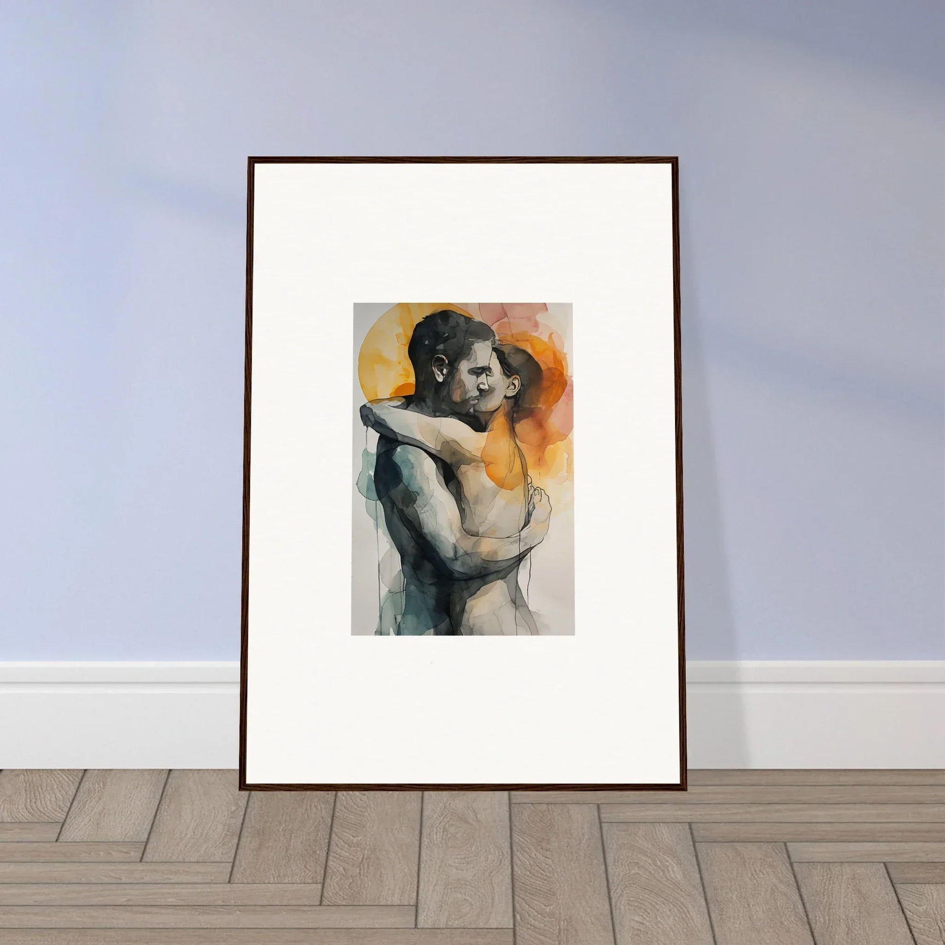 Framed watercolor painting of two figures embracing, perfect for room decoration as a canvas print