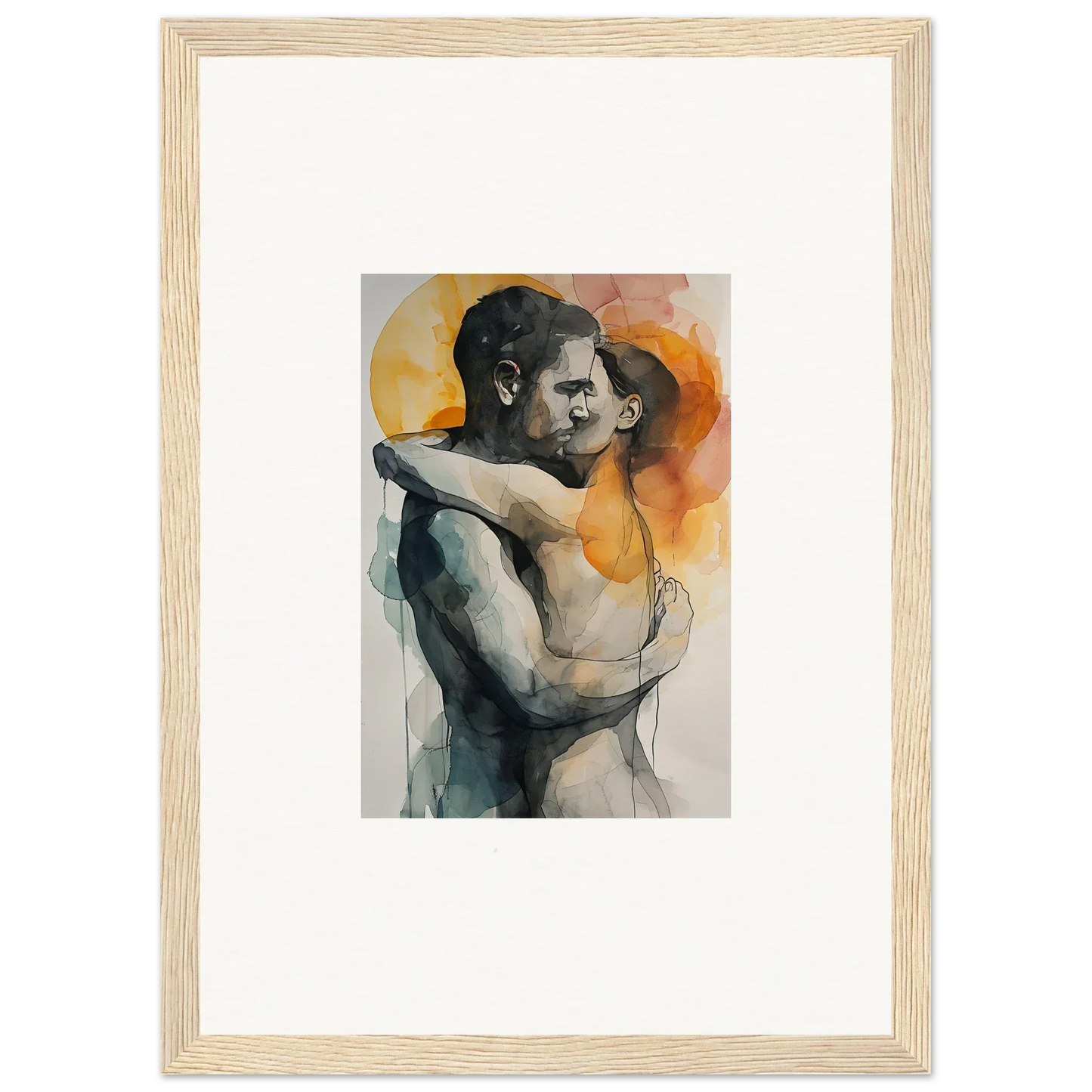 Watercolor canvas print of two figures embracing with a vibrant rainbow background