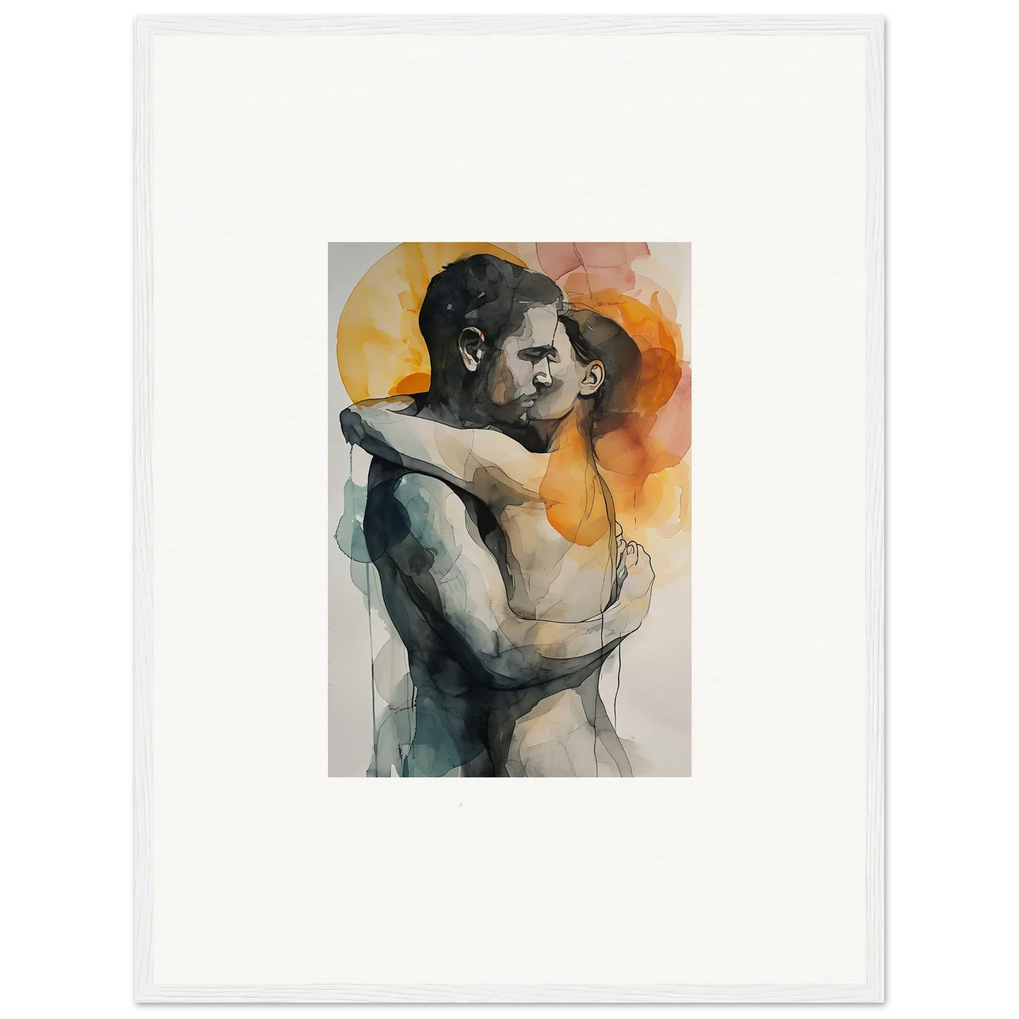 Watercolor canvas print of an embracing couple with warm tones for room decoration