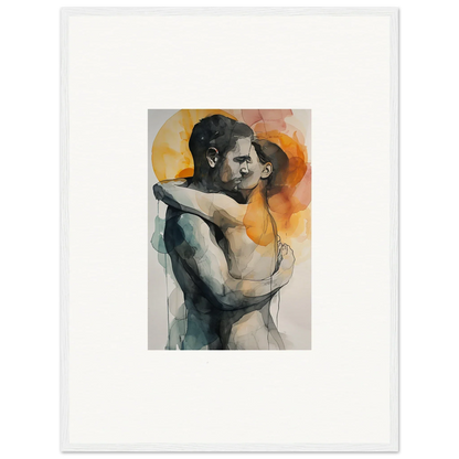 Watercolor canvas print of an embracing couple with warm tones for room decoration