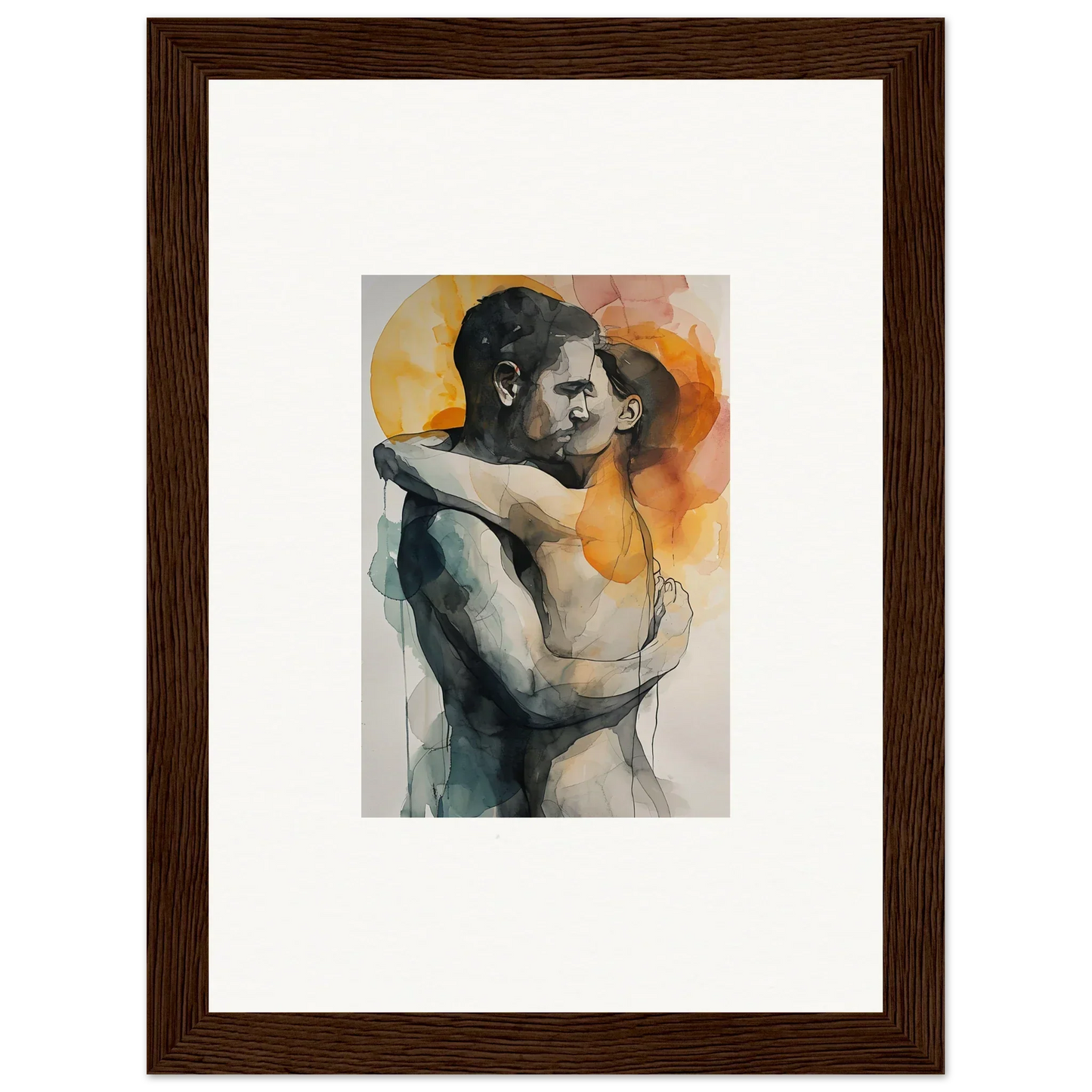 Watercolor painting of a couple embracing, perfect for room decoration as a canvas print