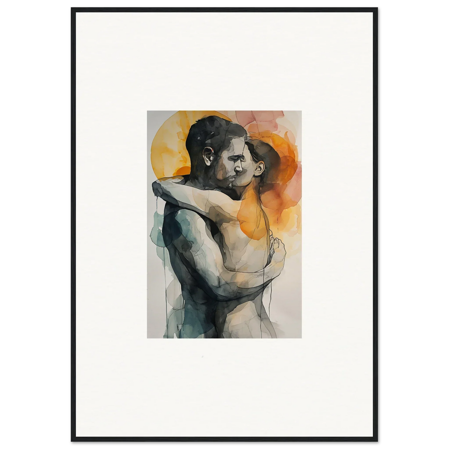 Watercolor painting of an embracing couple for a warm room decoration canvas print