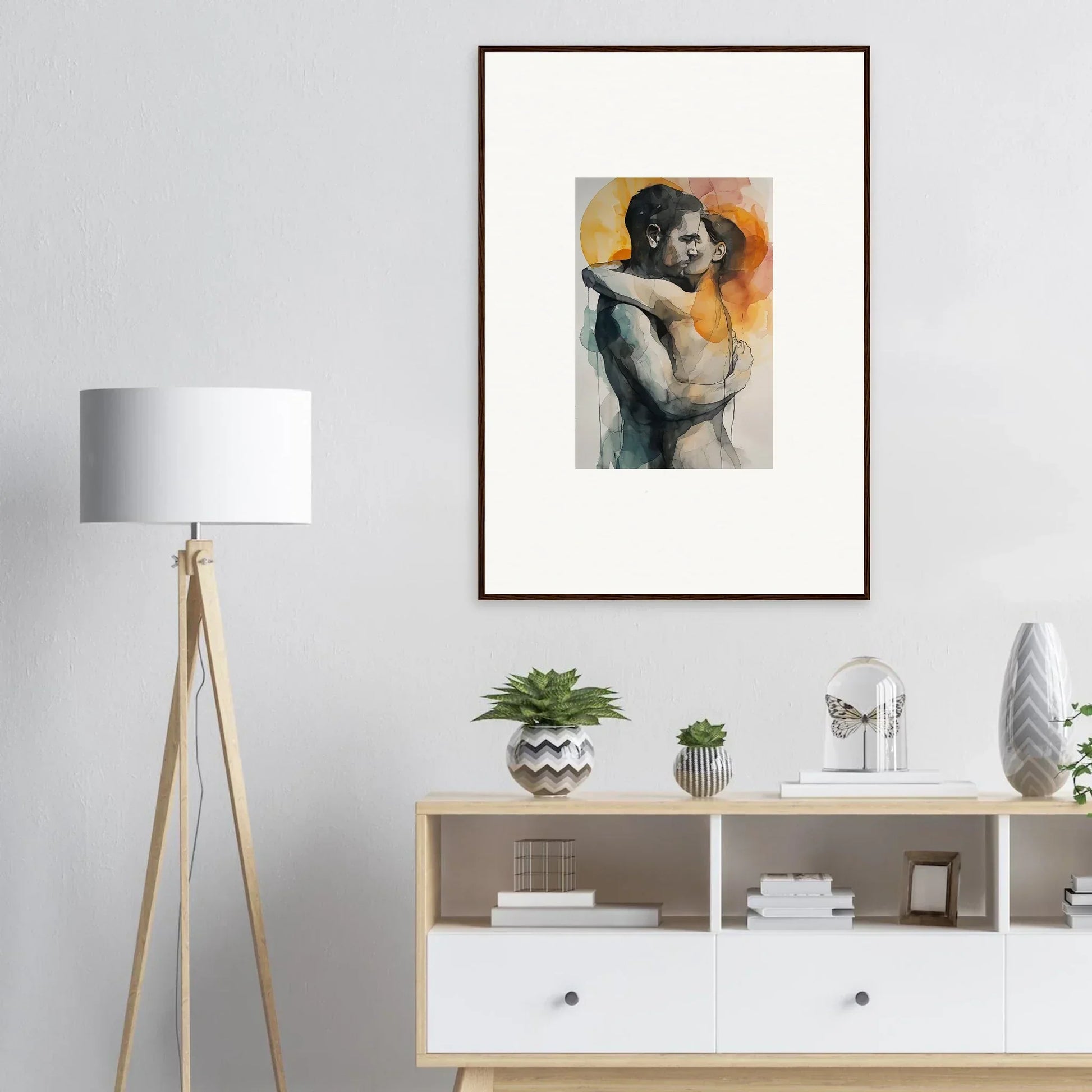 Framed artwork of a nude figure in embrace rainbows, perfect for room decoration