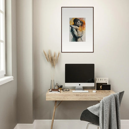 Minimalist home office with wooden desk, computer, and Illusory Embrace Rainbows canvas print