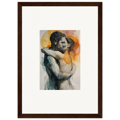 Watercolor canvas print of an embracing couple with warm tones for cozy room decoration