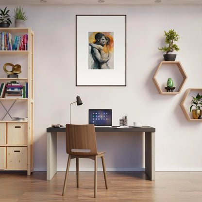 Home office workspace featuring a desk, chair, and embrace rainbows canvas print