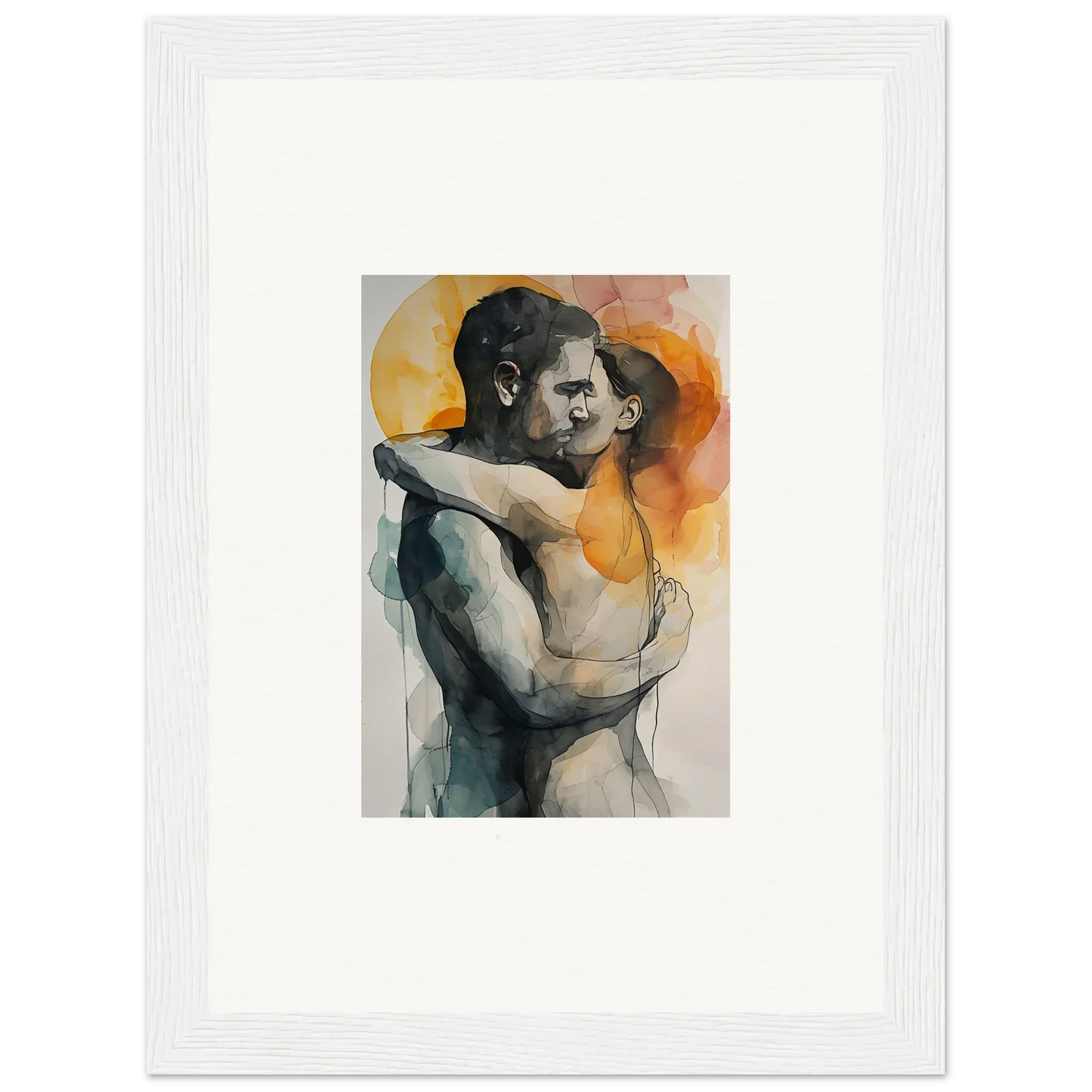 Watercolor canvas print of two figures embracing in warm tones for room decoration