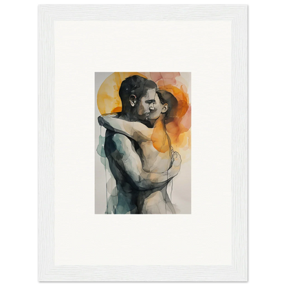 Watercolor canvas print of two figures embracing in warm tones for room decoration