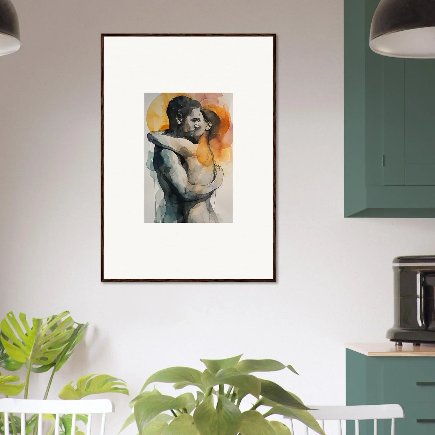 Framed canvas print of Illusory Embrace Rainbows with a figure on an orange gray background