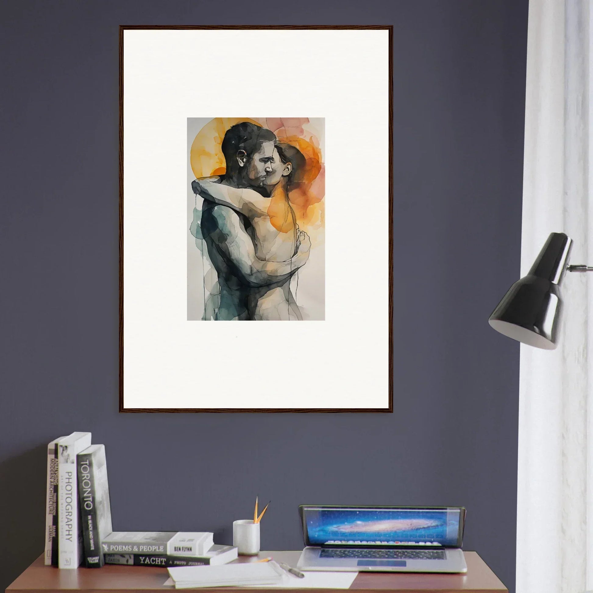 Framed canvas print of an intimate embrace rainbows artwork for cozy room decoration