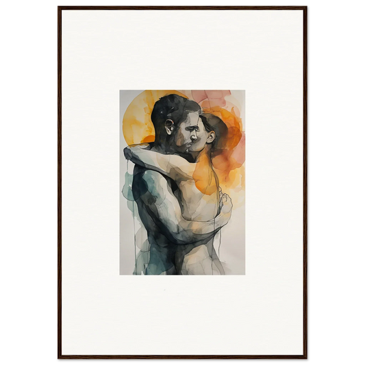 Watercolor canvas print of an embracing couple with warm tones for room decoration