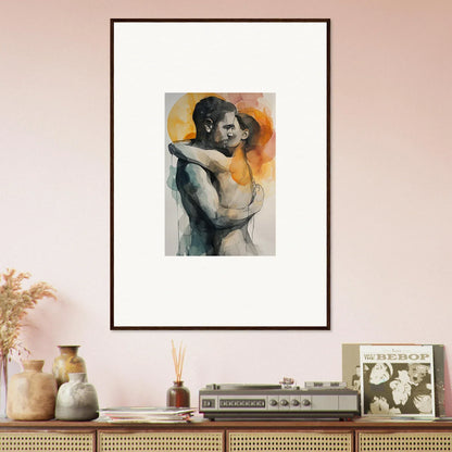 Framed watercolor of a warm embrace, perfect for room decoration or as a canvas print