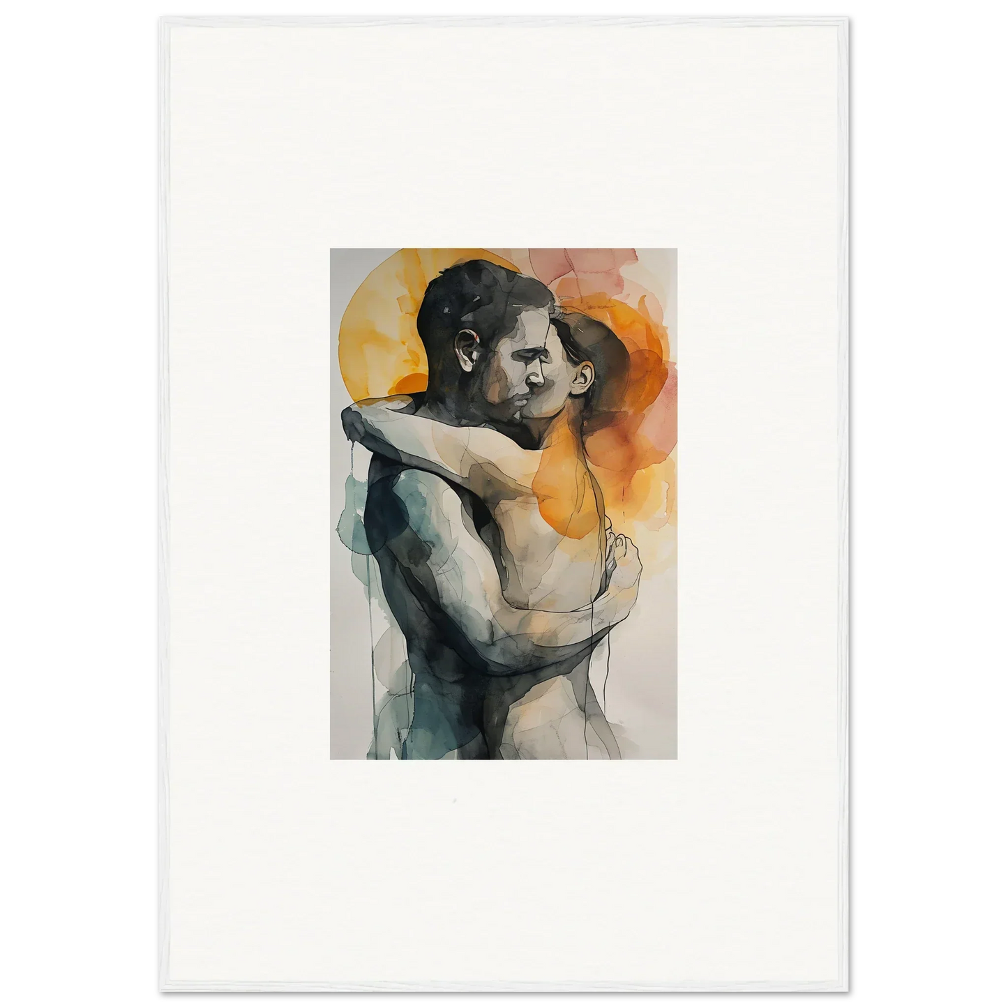 Watercolor canvas print of an embracing couple, perfect for room decoration with embrace rainbows