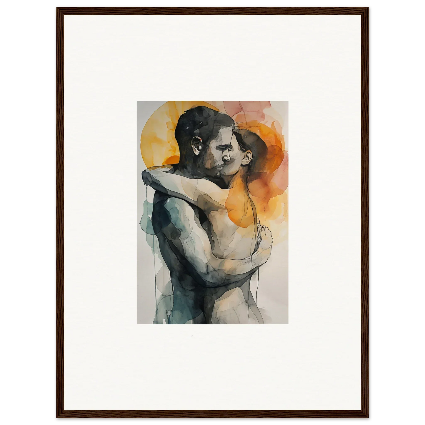 Watercolor couple embracing in warm tones for a charming canvas print and room decoration