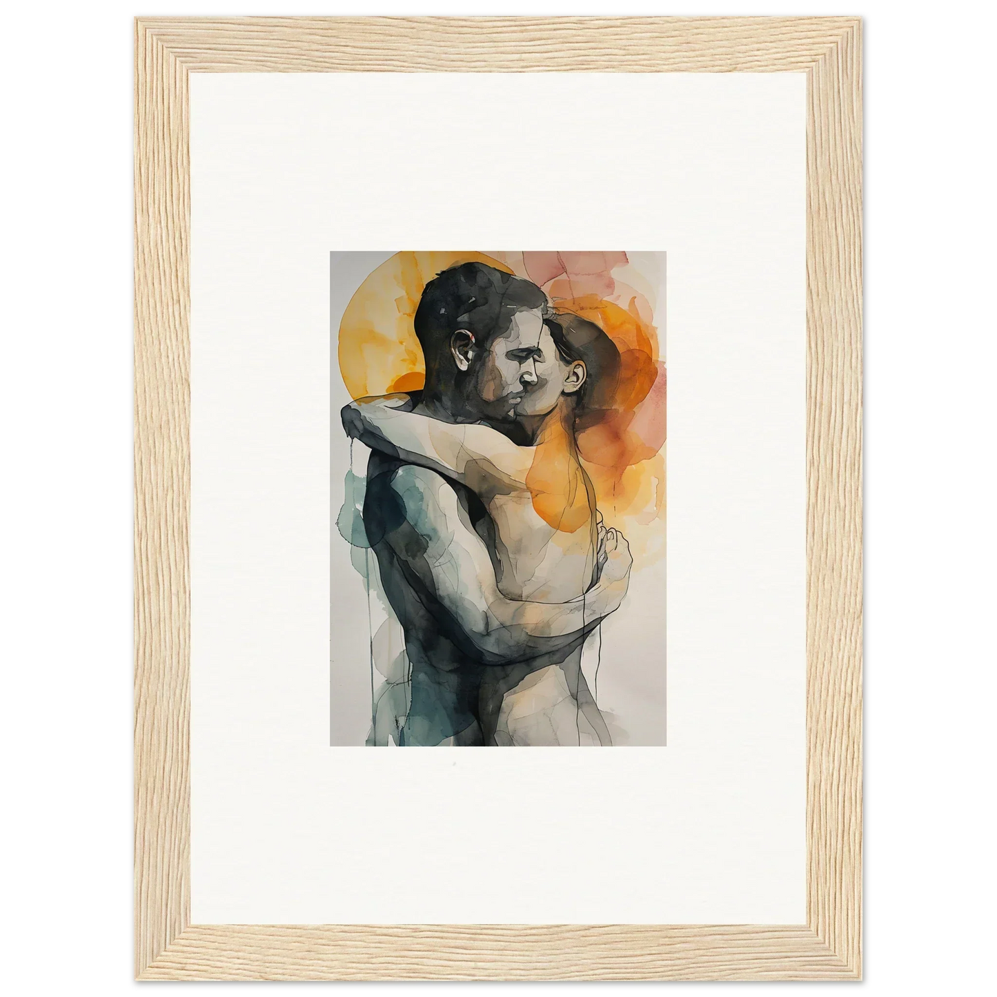 Watercolor canvas print of a couple’s embrace rainbows with warm orange tones