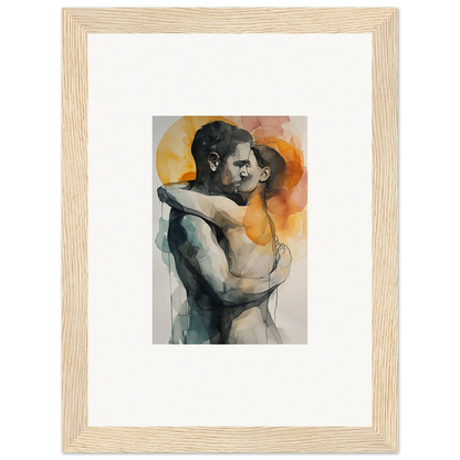 Watercolor canvas print of a couple’s embrace rainbows with warm orange tones