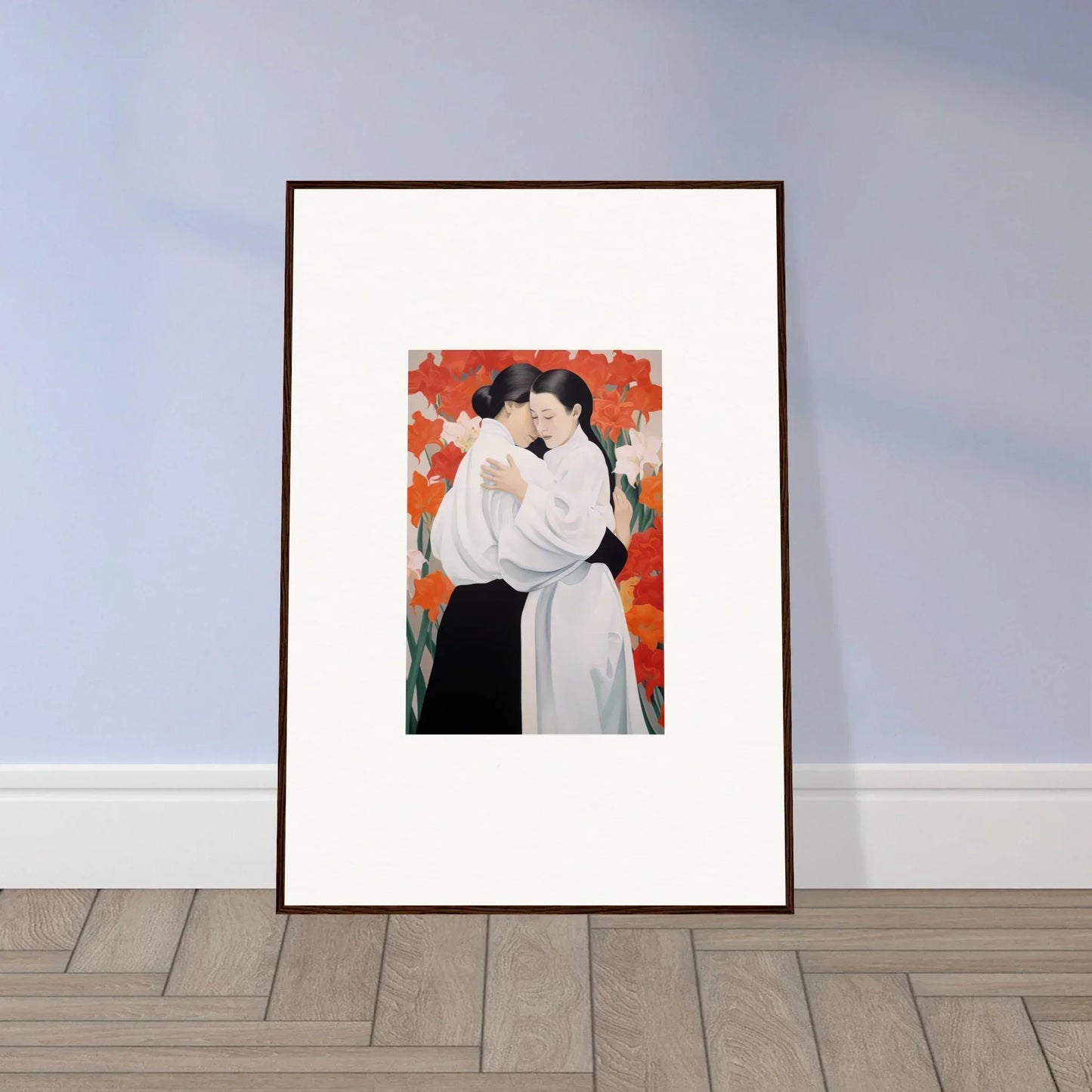 Framed canvas print of two embracing figures for vibrant Flor Oliveviews room decoration