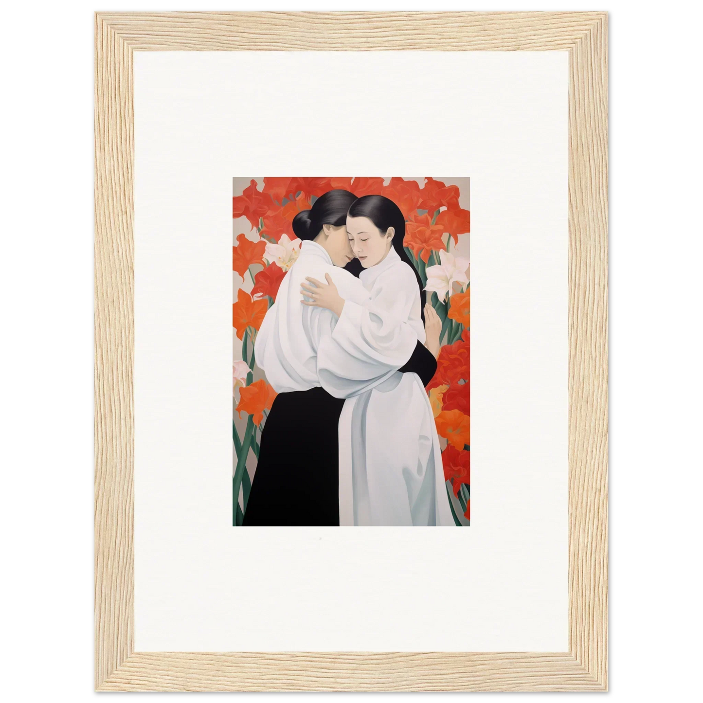 Framed canvas print of two figures embracing with a bright orange floral background